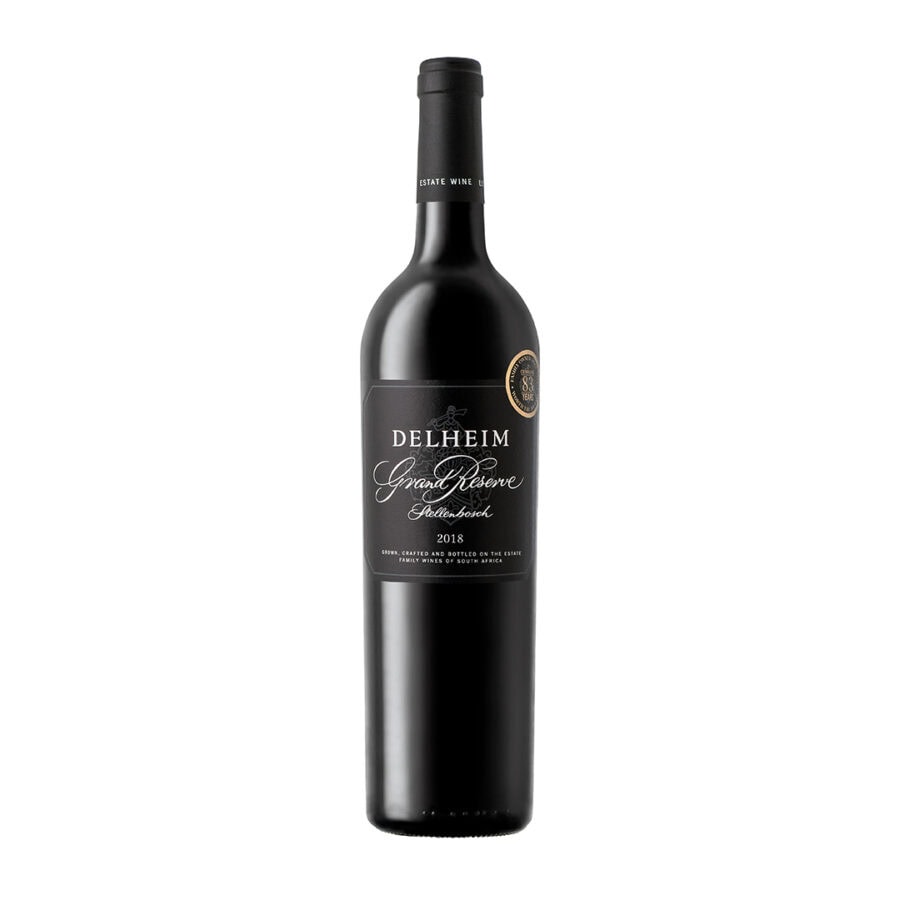 Delheim Grand Reserve 2018 bottle showcasing Stellenbosch wine excellence.