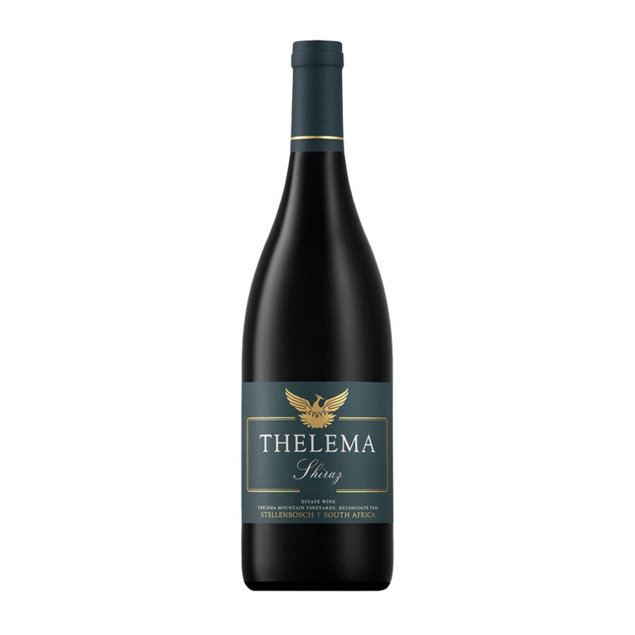 Bottle of Thelema Shiraz 2021 showing a deep ruby red wine with rich dark fruit colour and polished visual depth.