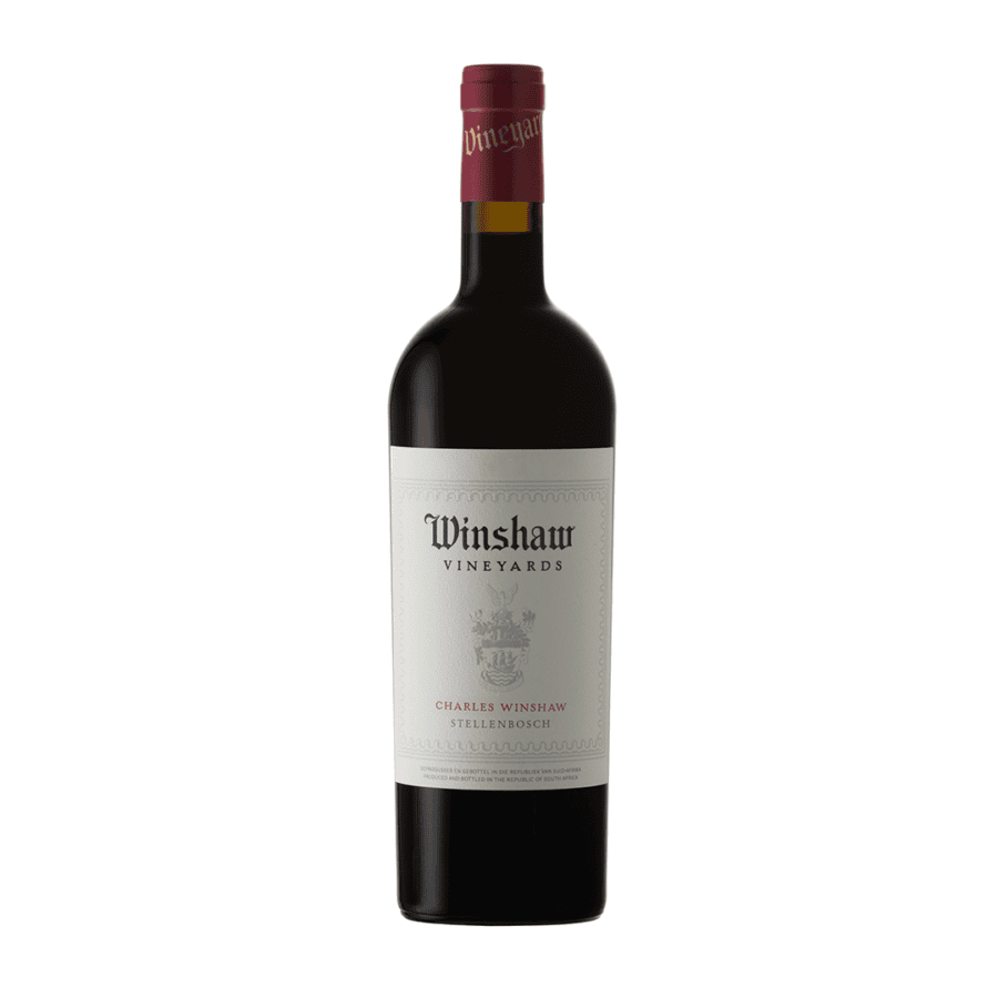 Bottle of Winshaw Charles Winshaw 2022 showing a deep ruby red wine with rich colour and polished visual depth.