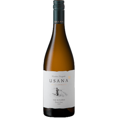 USANA Stellenbosch Pinot Grigio; Bottle of Winshaw The Runaway Pinot Gris 2024 showcasing elegant design with white label.