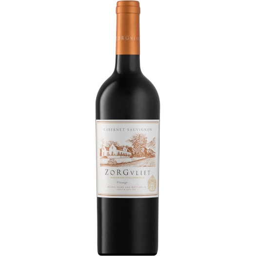 Bottle of Zorgvliet Cabernet Sauvignon 2022 displaying a dark ruby wine with concentrated colour and clean visual clarity.