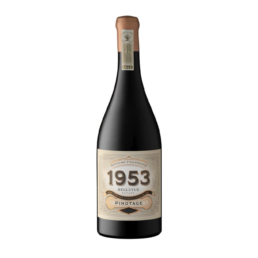 Bottle of Bellevue Heritage 1953 Pinotage 2021 displaying heritage old-vine South African Pinotage
