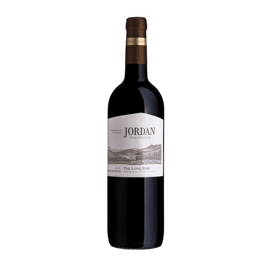 Jordan The Long Fuse Cabernet Sauvignon 2023-2021 bottle , highlighting Stellenbosch red wine heritage and vineyards