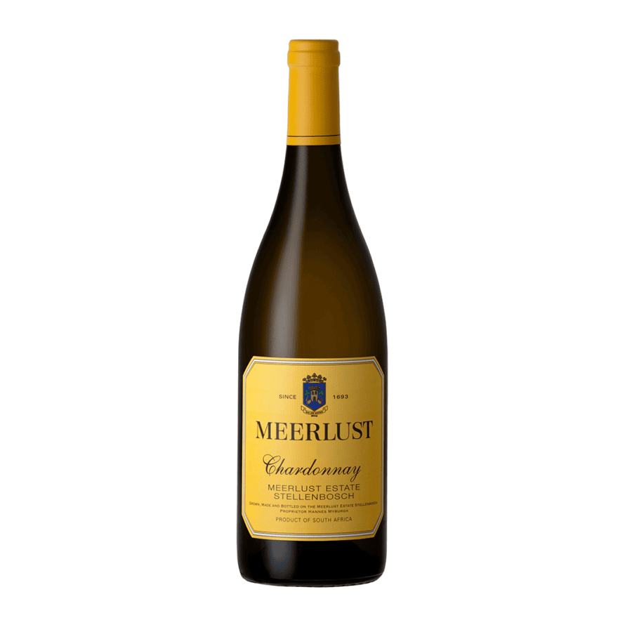 • Bottle of Meerlust Chardonnay 2024 showing stone fruit richness, citrus lift and elegant Chardonnay balance.