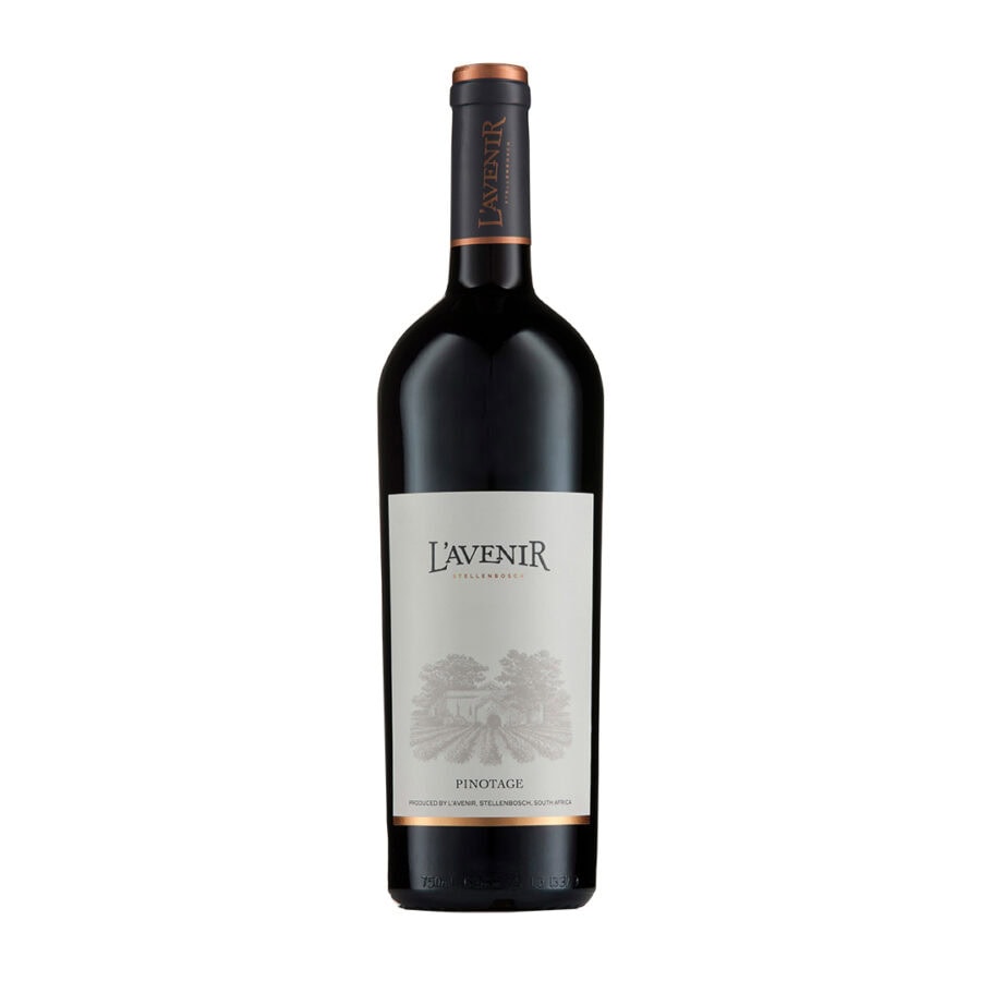 Bottle of L’Avenir Provenance Pinotage 2019-2023 showing a deep ruby red wine with rich colour and elegant visual depth.