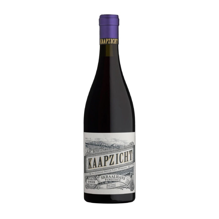 Kaapzicht SkrAAhlhans Pinotage from Stellenbosch, showcasing rich flavors.