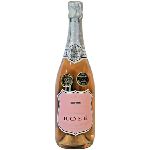 Sparkling rosé wine from Stellenbosch, South Africa, with award labels.