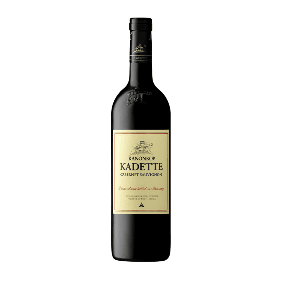 Kanonkop Kadette Cabernet Sauvignon 2023 Stellenbosch Cabernet bottle showing bright ruby colour and plush tannin structure.