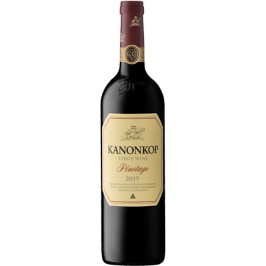 Bottle of Kanonkop Pinotage 2019 for 2023 showing a deep ruby wine with dense colour concentration and rich visual depth.