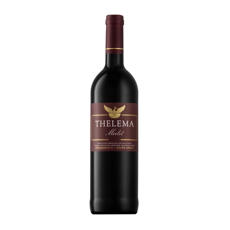 Bottle of Thelema Merlot 2021-2022 showing a deep ruby red wine with smooth colour depth and polished visual elegance.