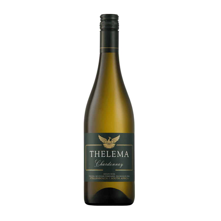Bottle of Thelema Chardonnay 2023 holding white wine with a gold and black label.