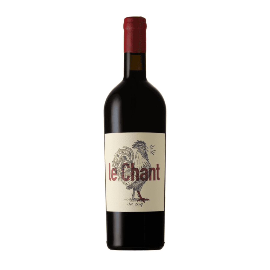 Le Chant Rouge 2020 bottle holding a Merlot-based blend, smooth texture and elegant red fruit character.