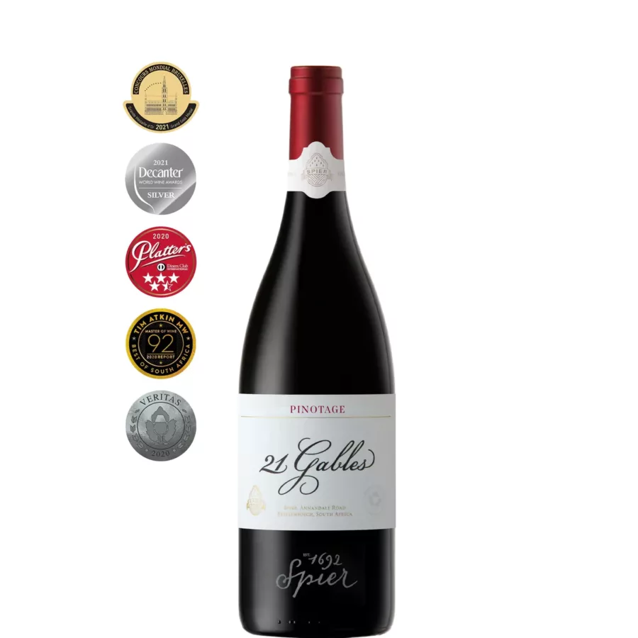 Spier 21 Gables Pinotage 2020 wine bottle showing deep fruit concentration, structured tannins and barrel-aged complexity with long ageing potential.