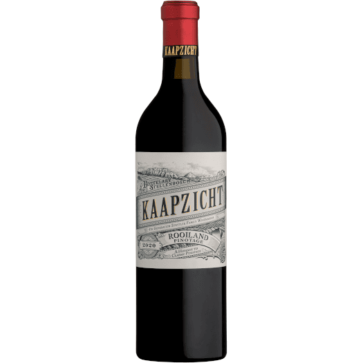 Bottle of Kaapzicht Rooiland Pinotage 2022 with rich fruit core, blackcurrant and smooth tannins.