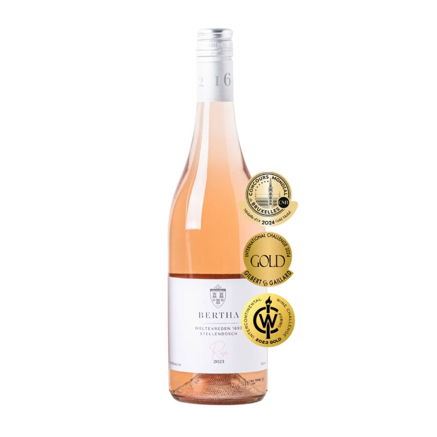 Gold medal-winning Bertha Rosé 2025 salmon-pink rosé wine bottle from Stellenbosch