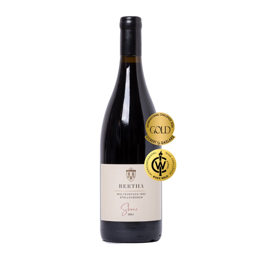 Gold award-winning Bertha Shiraz 2021-2022 bottle showing allspice, nutmeg, chocolate and cherry tobacco character