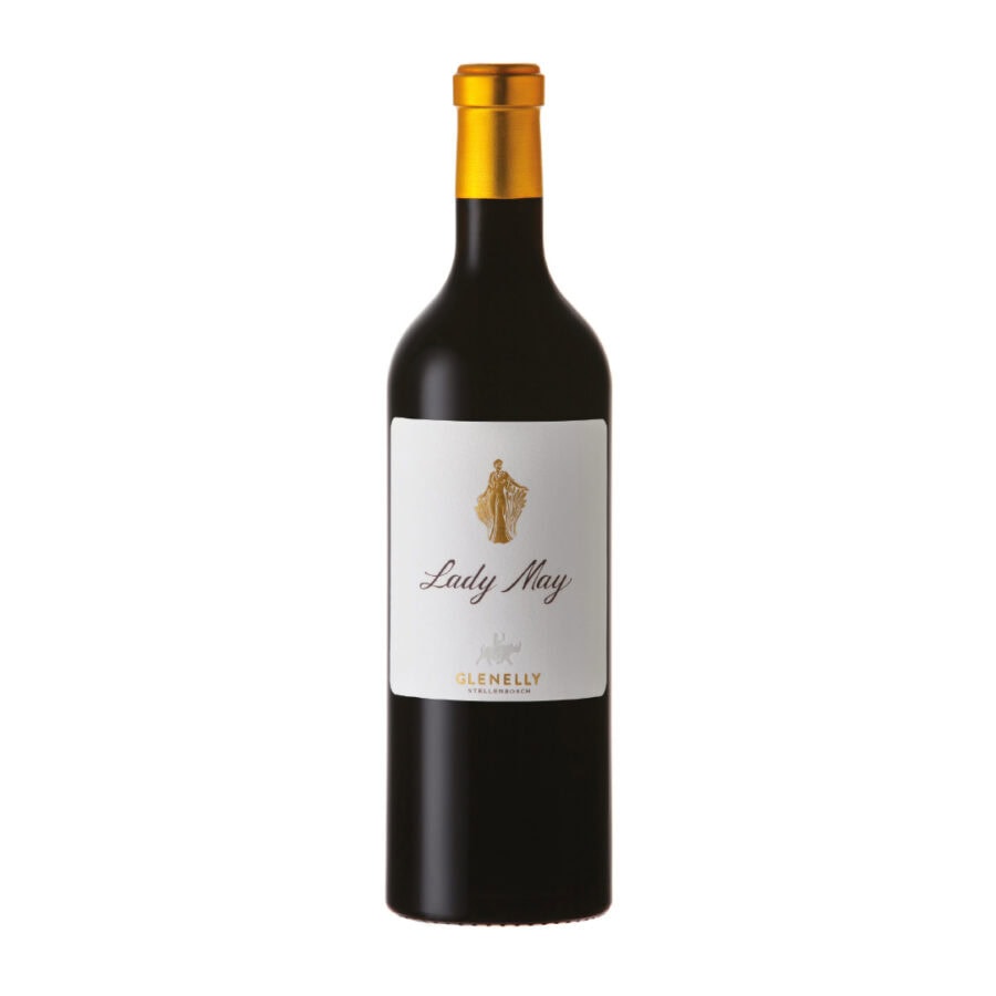 Bottle of Glenelly Lady May 2021 displaying a concentrated dark ruby wine with cassis-toned fruit colour and refined visual depth.