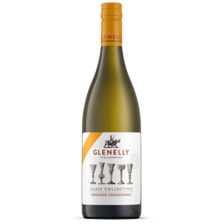 Bottle of Glenelly Glass Collection Chardonnay 2024 showing a clear white wine with pale straw colour and crisp, refreshing visual clarity.