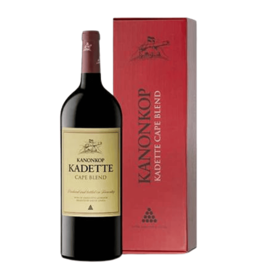 Bottle of 1.5l Kanonkop Kadette Cape Blend 2021 with a gift box showing a vibrant crimson red wine with rich colour depth and elegant visual clarity.