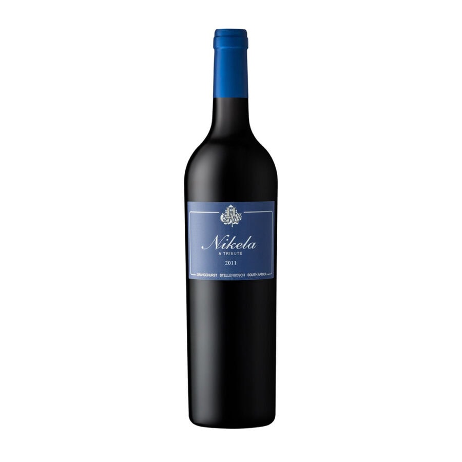 Grangehurst Nikela 2011-2014 wine bottle showcasing a full-bodied Stellenbosch red blend with a black and blue label.