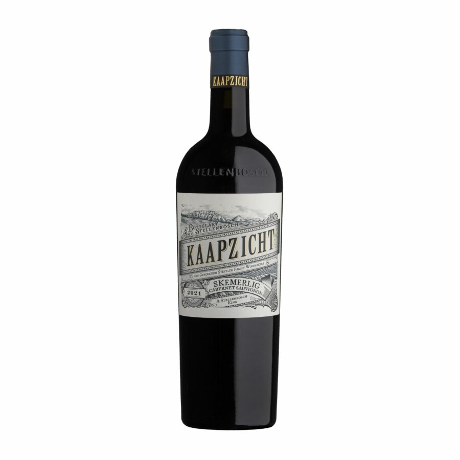 Bottle of Kaapzicht Skemerlig Cabernet Sauvignon 2021-2022 with dark fruit core, herbal notes and fine tannin grip.