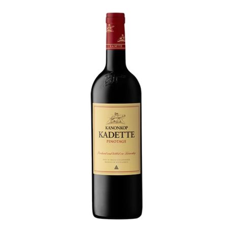 Bottle of Kanonkop Kadette Pinotage 2024 showing a deep plum red wine with rich ruby colour and polished visual depth.