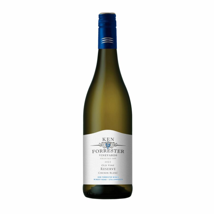 Bottle of Ken Forrester Old Vine Reserve Chenin Blanc 2025 displaying a deep golden wine with smooth, polished visual appearance.