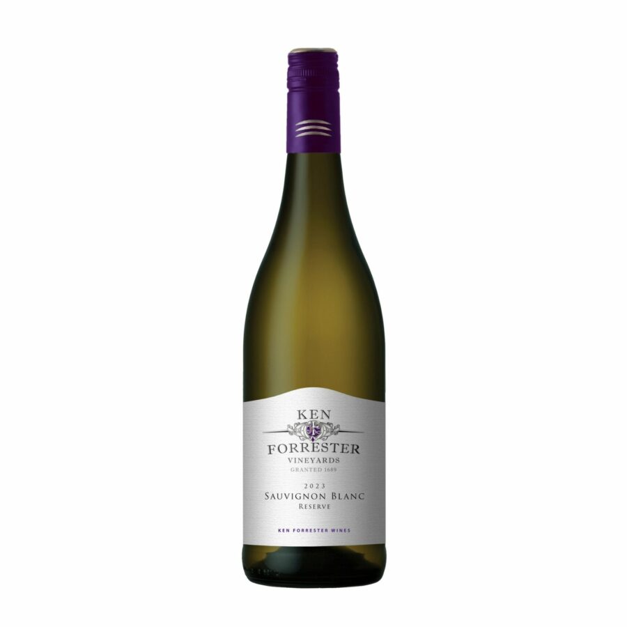 Bottle of Ken Forrester Sauvignon Blanc Reserve 2023-2025 featuring a pale white wine with fresh, bright and clear visual tone.