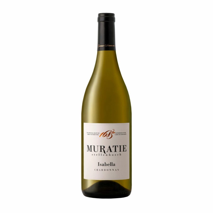 Muratie Isabella Chardonnay 2024-2025 bottle showing peach, citrus and soft oak spice with mineral finish.