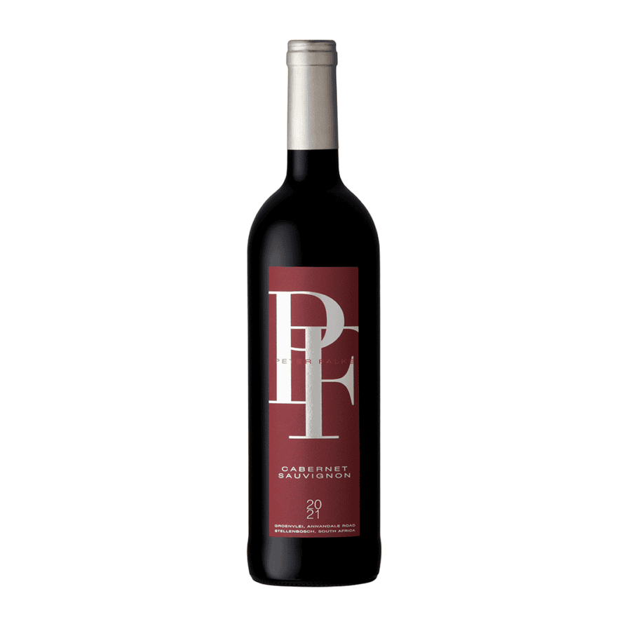Peter Falke Cabernet Sauvignon 2022 displayed in a bottle, showing rich dark fruit, cassis and plum with violet, spice and refined oak structure.