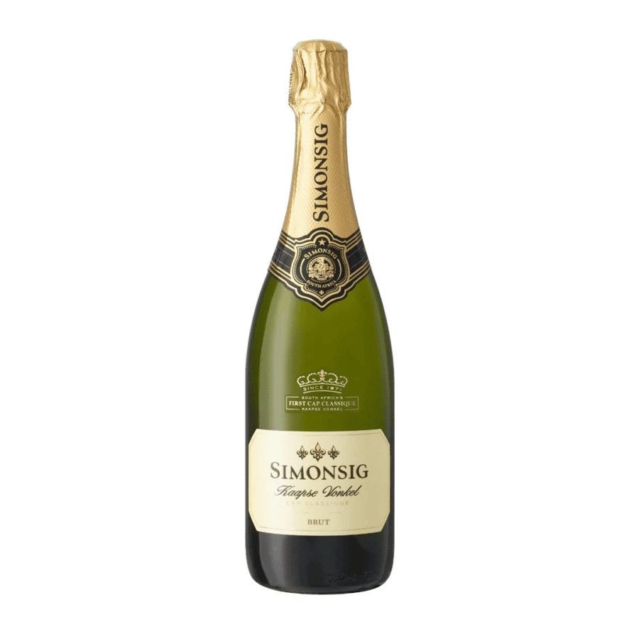 Bottle of Simonsig Kaapse Vonkel Brut 2024 sparkling wine from Stellenbosch.