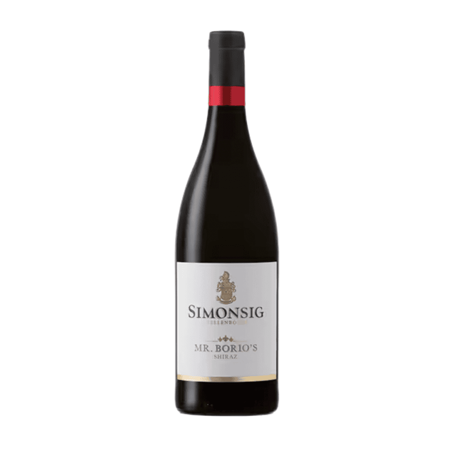 Simonsig Mr. Borio's Shiraz bottle showcasing Stellenbosch wine elegance.
