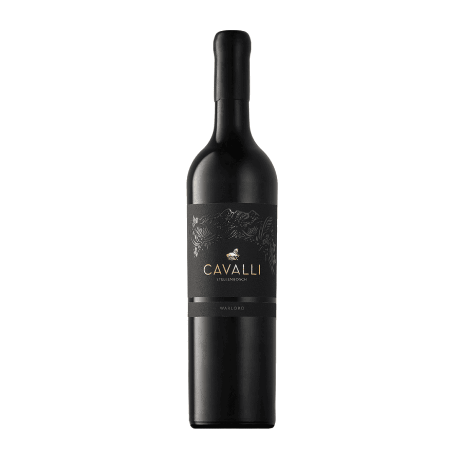 Bottle of Cavalli Warlord 2022 NY with dark fruit richness, cocoa notes and elegant Bordeaux-style blend depth.
