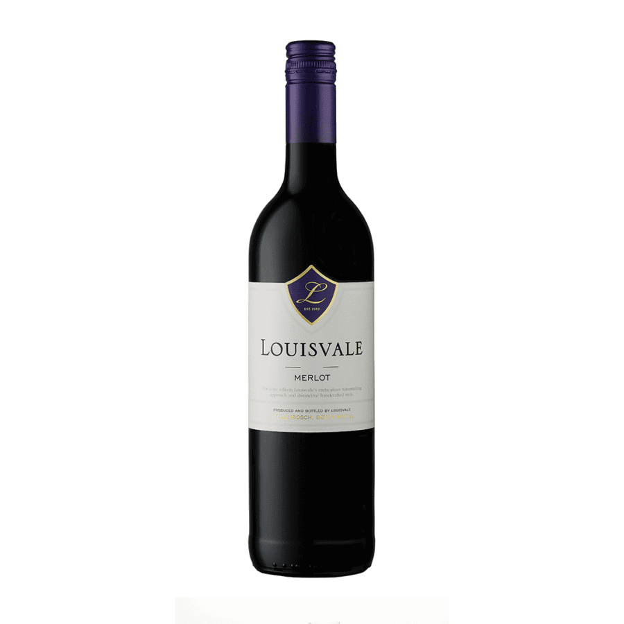 Bottle of Louisvale Merlot 2023 with silky texture, rich red fruit flavours and smooth balanced structure.