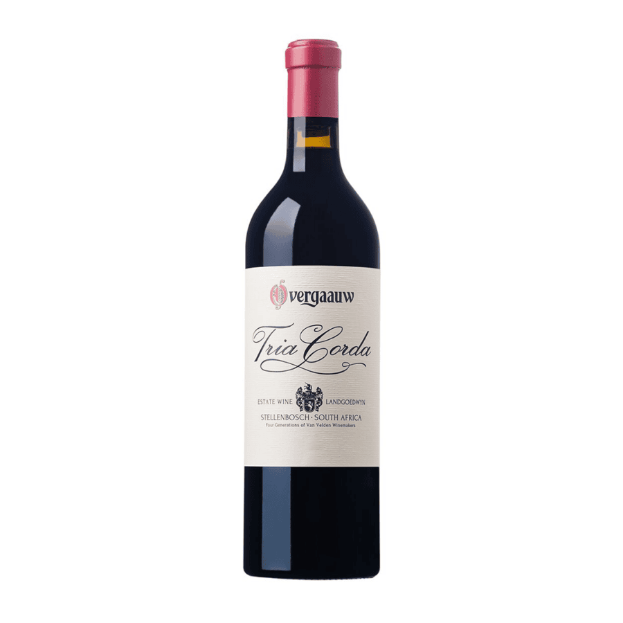 • Overgaauw Tria Corda 2021 bottle with red and black berry notes, violet lift and mellow structured tannins.