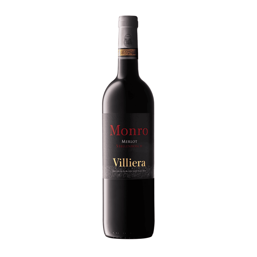 Bottle of Villiera Monro Merlot 2024 the Villiera’s “Reserve” red wine with a dark bottle colour and black label