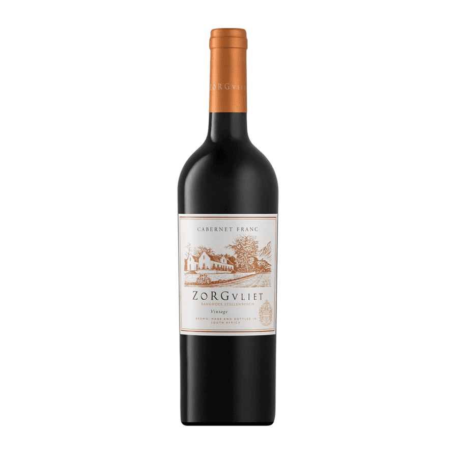Bottle of Zorgvliet Cabernet Franc 2022 showing deep red wine with structured colour and refined visual depth.