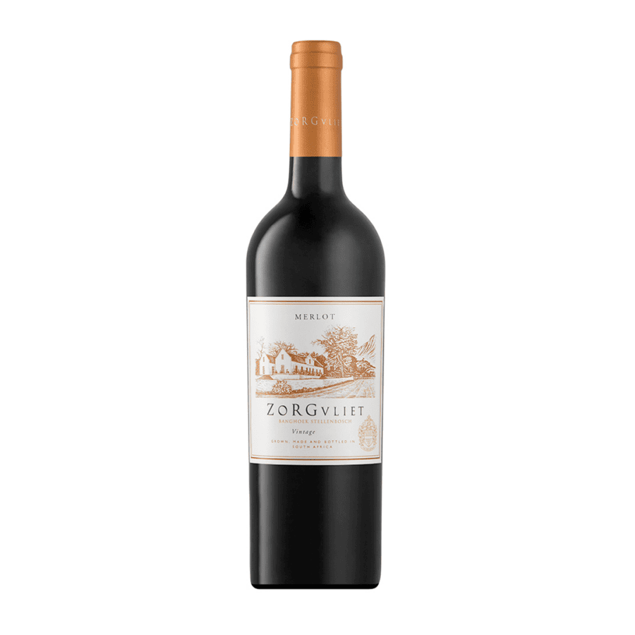 Zorgvliet Merlot from Stellenbosch, showcasing rich flavors and elegant design.