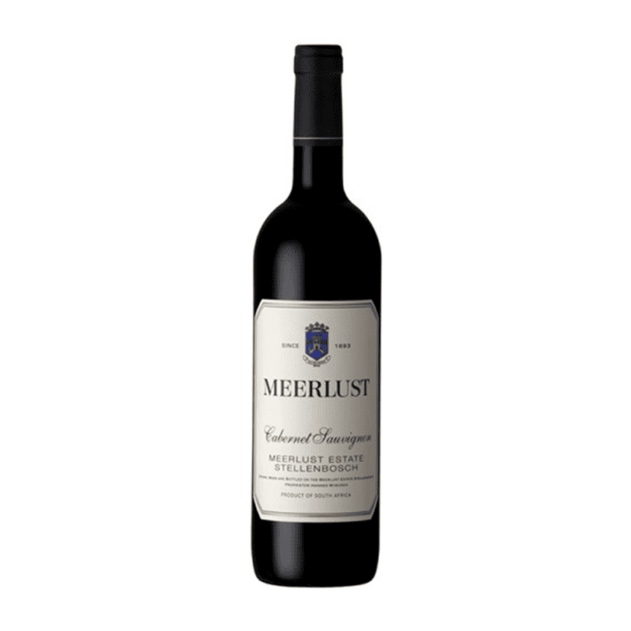 Bottle of Meerlust Cabernet Sauvignon 2022 showing mint freshness, dark chocolate finish and polished Cabernet depth.