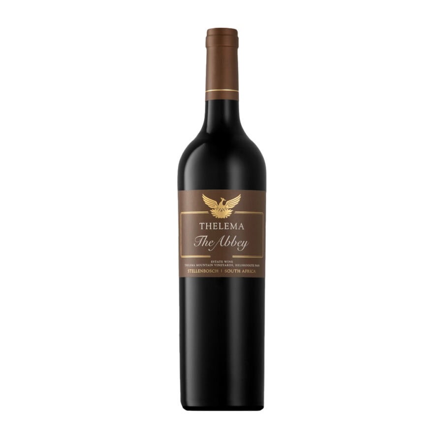 Thelema The Abbey 2022 featuring a rich ruby red wine with polished clarity in a dark bottle with a brown and gold label.