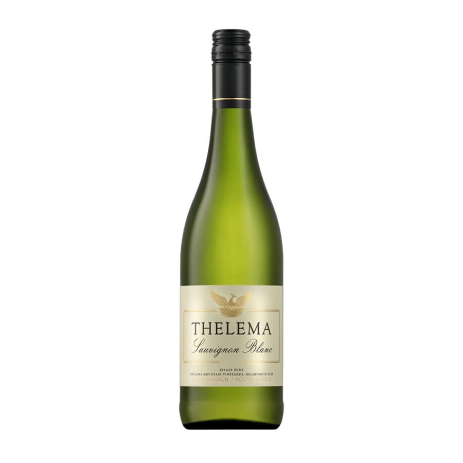 Bottle of Thelema Sauvignon Blanc 2025 showing a pale golden white wine with bright clarity and fresh elegant appearance.
