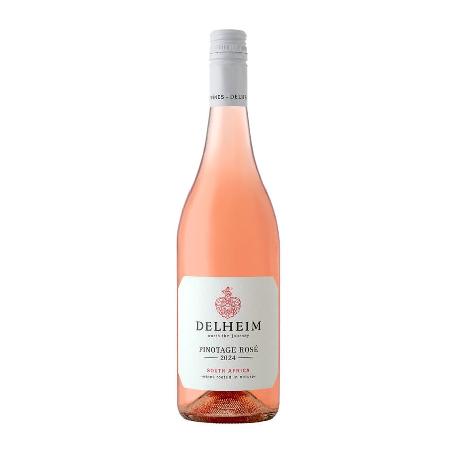 Delheim Pinotage Rosé 2024, 2025, 2026 bottle showcasing vibrant pink color, Stellenbosch wine.