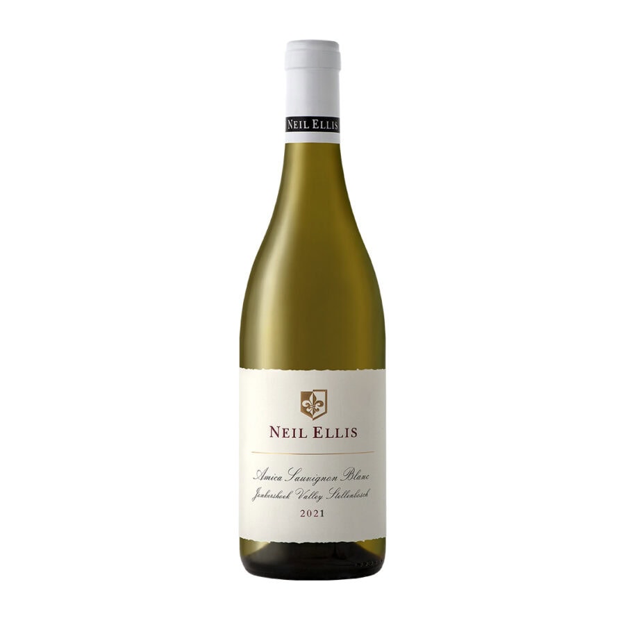 Bottle of Neil Ellis Jonkershoek Amica Sauvignon Blanc 2021-2022 with fruit blossom aromas, melon notes and elegant oak texture.