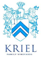 Kriel Family Vineyards logo featuring blue and white design.