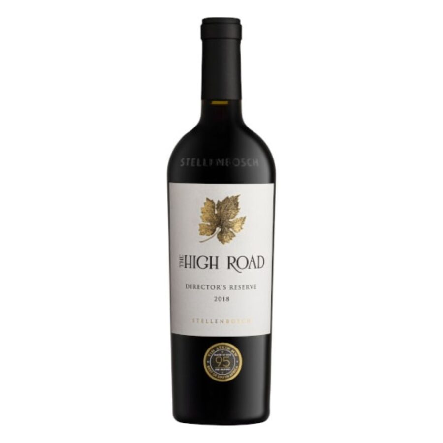 Red wine bottle of The High Road Directors Reserve 2018-2020 showing deep garnet colour and oak-aged structure