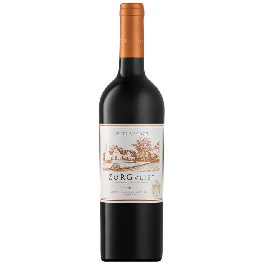 Zorgvliet Petit Verdot wine bottle from Stellenbosch, South Africa.