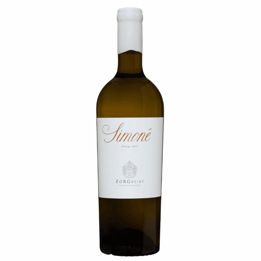 Alt text: Zorgvliet Simóné 2021 white wine bottle from Stellenbosch.