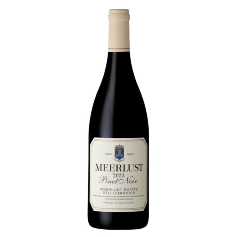 Meerlust Pinot Noir 2023-2024 bottle showing vibrant garnet colour with elegant Stellenbosch Pinot Noir presentation