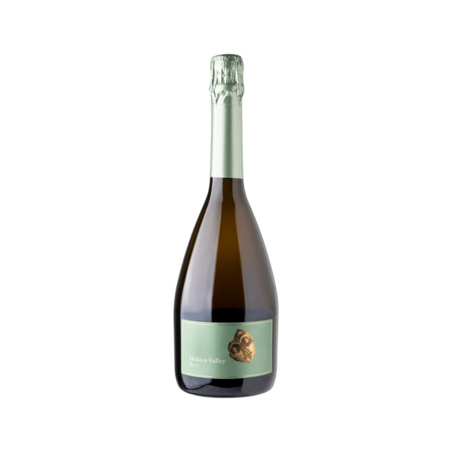 Hidden Valley MCC Brut 2021 bottle with a light green label and gold foil top.