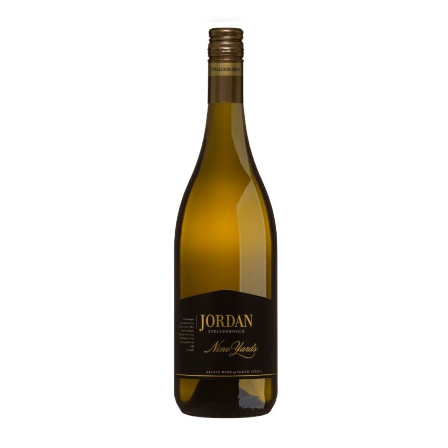 Jordan Nine Yards Chardonnay 2023-2024 in bottle form with citrus zest, vanilla oak and rich mouthfilling texture balanced by crisp acidity.